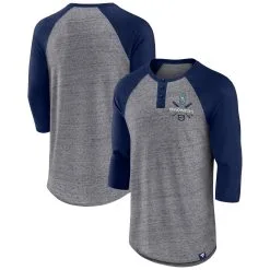 Men's Seattle Mariners Fanatics Branded Heathered Gray/Navy Iconic Above Heat Speckled Raglan Henley 3/4 Sleeve T-Shirt