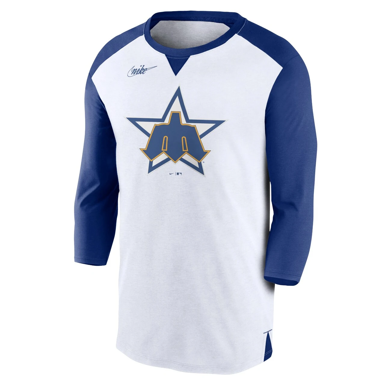 Men's Seattle Mariners Nike White/Royal Rewind 3/4-Sleeve T-Shirt - Image 2