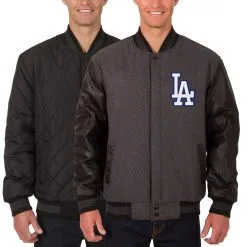 Men's Los Angeles Dodgers JH Design Charcoal/Black Wool Leather Reversible Full-Snap Jacket