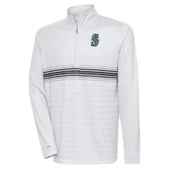 Men's Seattle Mariners Antigua Heather Gray/Black Bullseye Quarter-Zip Pullover Top
