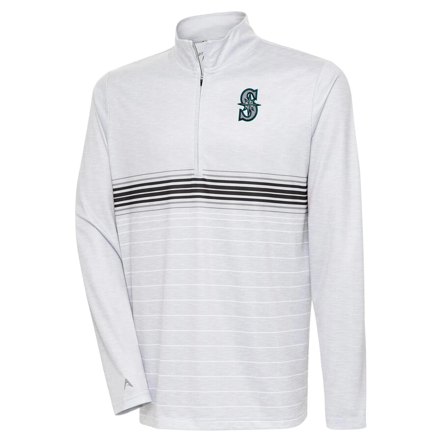 Men's Seattle Mariners Antigua Heather Gray/Black Bullseye Quarter-Zip Pullover Top