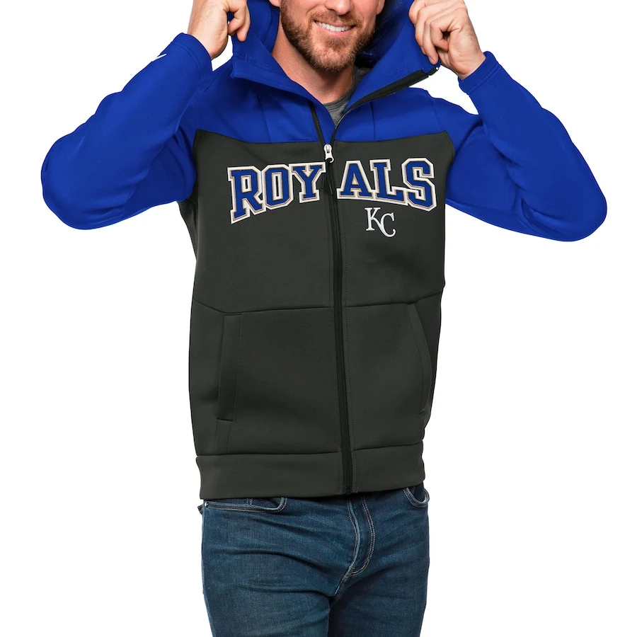 Men's Kansas City Royals Antigua Royal/Charcoal Wordmark Protect Full-Zip Hoodie