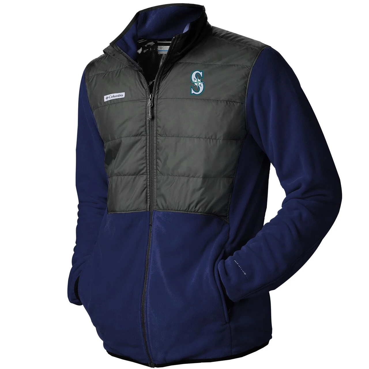 Men's Seattle Mariners Columbia Navy/Charcoal Basin Butte Fleece Full-Zip Jacket - Image 2