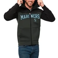 Men's Seattle Mariners Antigua Black/Charcoal Wordmark Protect Full-Zip Hoodie