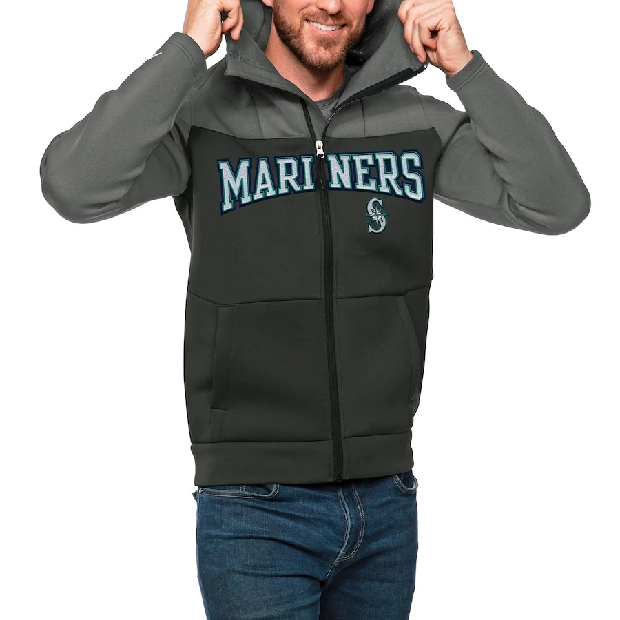Men's Seattle Mariners Antigua Steel/Charcoal Wordmark Protect Full-Zip Hoodie