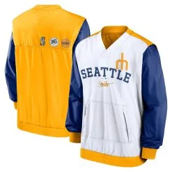 Men's Seattle Mariners Nike White/Gold Rewind Warmup V-Neck Pullover Jacket