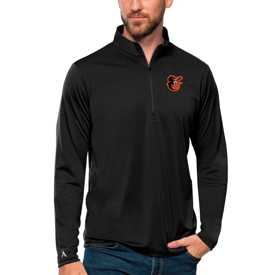 Men's Baltimore Orioles Antigua Black Tribute Quarter-Zip Pullover Top