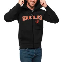 Men's Baltimore Orioles Antigua Black Wordmark Protect Full-Zip Hoodie