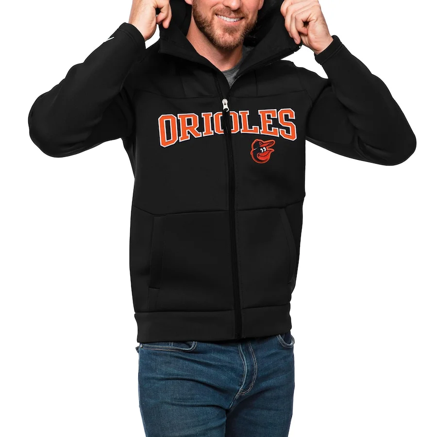 Men's Baltimore Orioles Antigua Black Wordmark Protect Full-Zip Hoodie