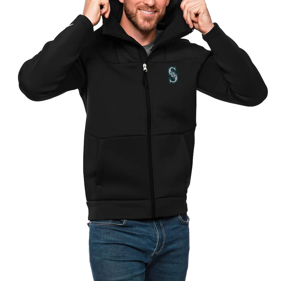 Men's Seattle Mariners Antigua Black Protect Full-Zip Hoodie