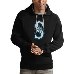 Men's Seattle Mariners Antigua Black Victory Pullover Team Logo Hoodie