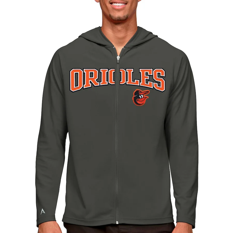 Men's Baltimore Orioles Antigua Charcoal Wordmark Legacy Full-Zip Hoodie