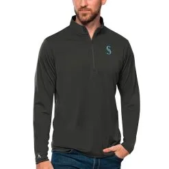 Men's Seattle Mariners Antigua Charcoal Tribute Quarter-Zip Pullover Top