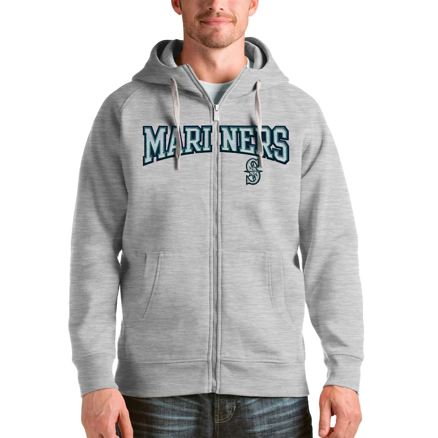 Seattle Mariners Antigua Heather Gray Team Logo Victory Full-Zip Hoodie