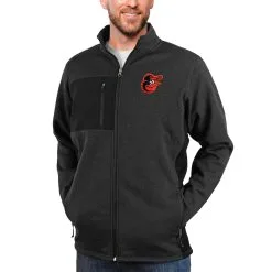 Men's Baltimore Orioles Antigua Heathered Black Course Full-Zip Jacket