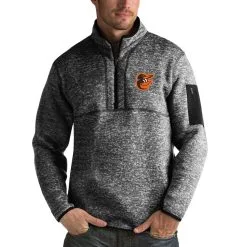 Men's Baltimore Orioles Antigua Heathered Black Fortune Half-Zip Sweater