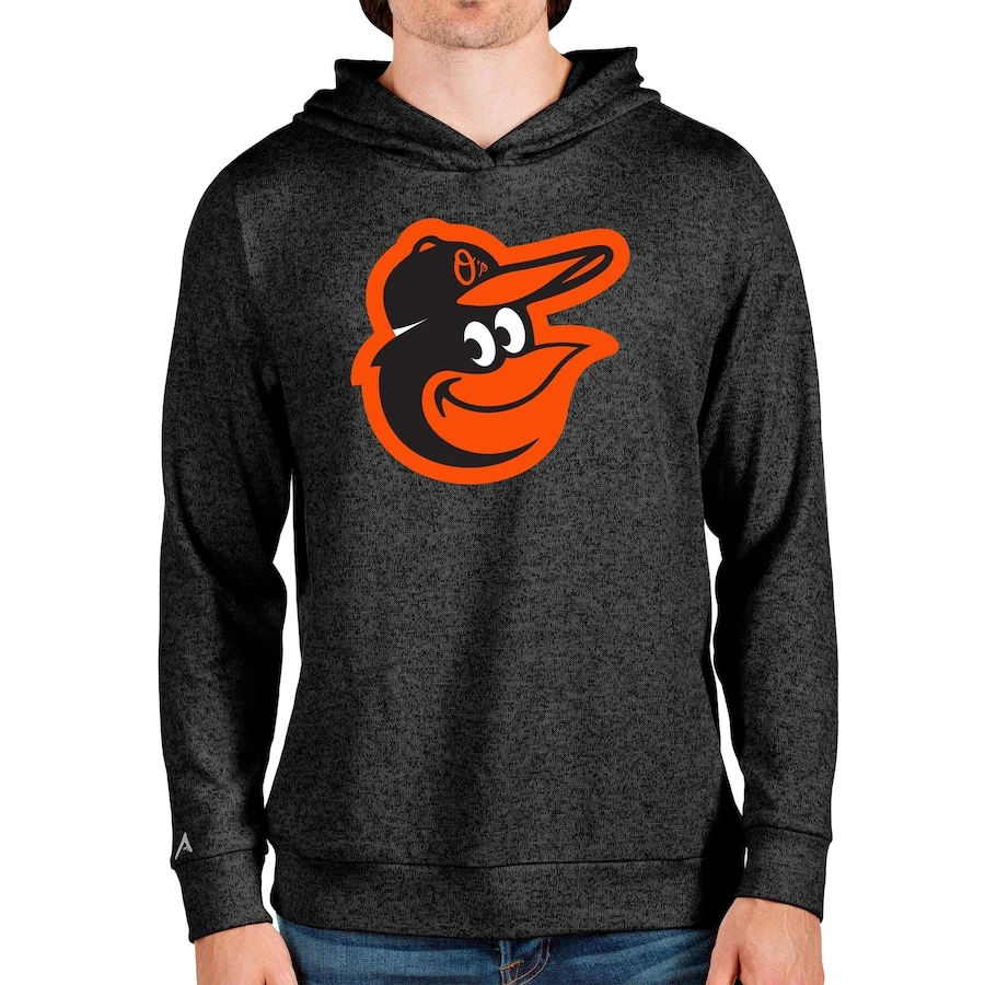 Men's Baltimore Orioles Antigua Heathered Black Team Logo Absolute Pullover Hoodie