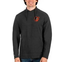 Men's Baltimore Orioles Antigua Heathered Black Team Reward Pullover Sweatshirt