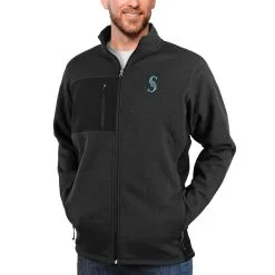 Men's Seattle Mariners Antigua Heathered Black Course Full-Zip Jacket