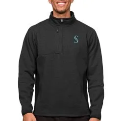 Men's Seattle Mariners Antigua Heathered Black Course Quarter-Zip Pullover Top