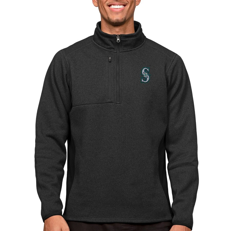 Men's Seattle Mariners Antigua Heathered Black Course Quarter-Zip Pullover Top