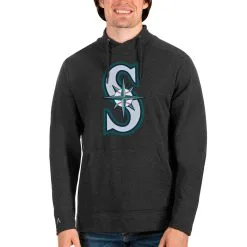 Men's Seattle Mariners Antigua Heathered Black Reward Pullover Sweatshirt