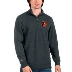 Men's Baltimore Orioles Antigua Heathered Charcoal Action Quarter-Zip Pullover Sweatshirt