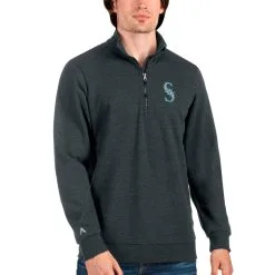 Men's Seattle Mariners Antigua Heathered Charcoal Action Quarter-Zip Pullover Sweatshirt