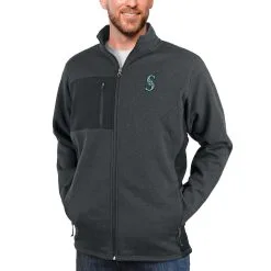 Men's Seattle Mariners Antigua Heathered Charcoal Course Full-Zip Jacket