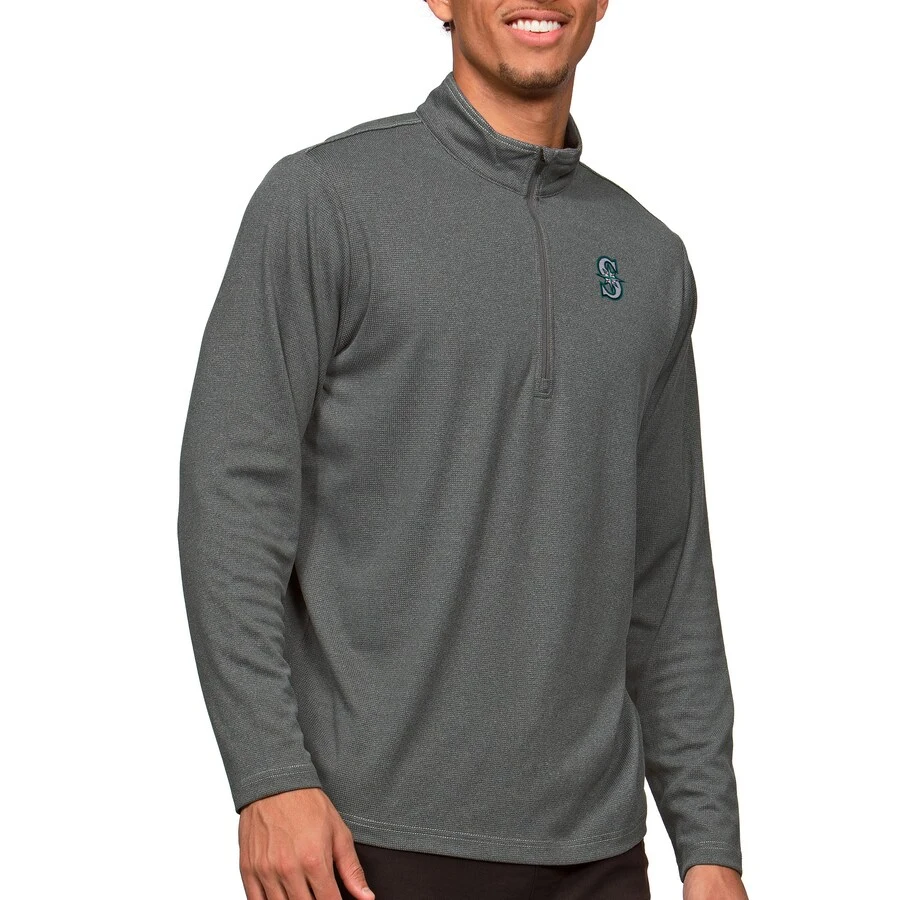 Men's Seattle Mariners Antigua Heathered Charcoal Epic Quarter-Zip Pullover Top