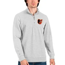Men's Baltimore Orioles Antigua Heathered Gray Action Quarter-Zip Pullover Sweatshirt