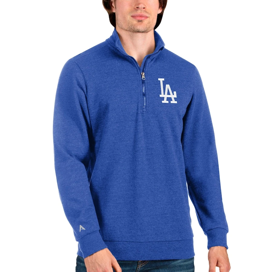 Men's Los Angeles Dodgers Antigua Heathered Royal Action Quarter-Zip Pullover Sweatshirt