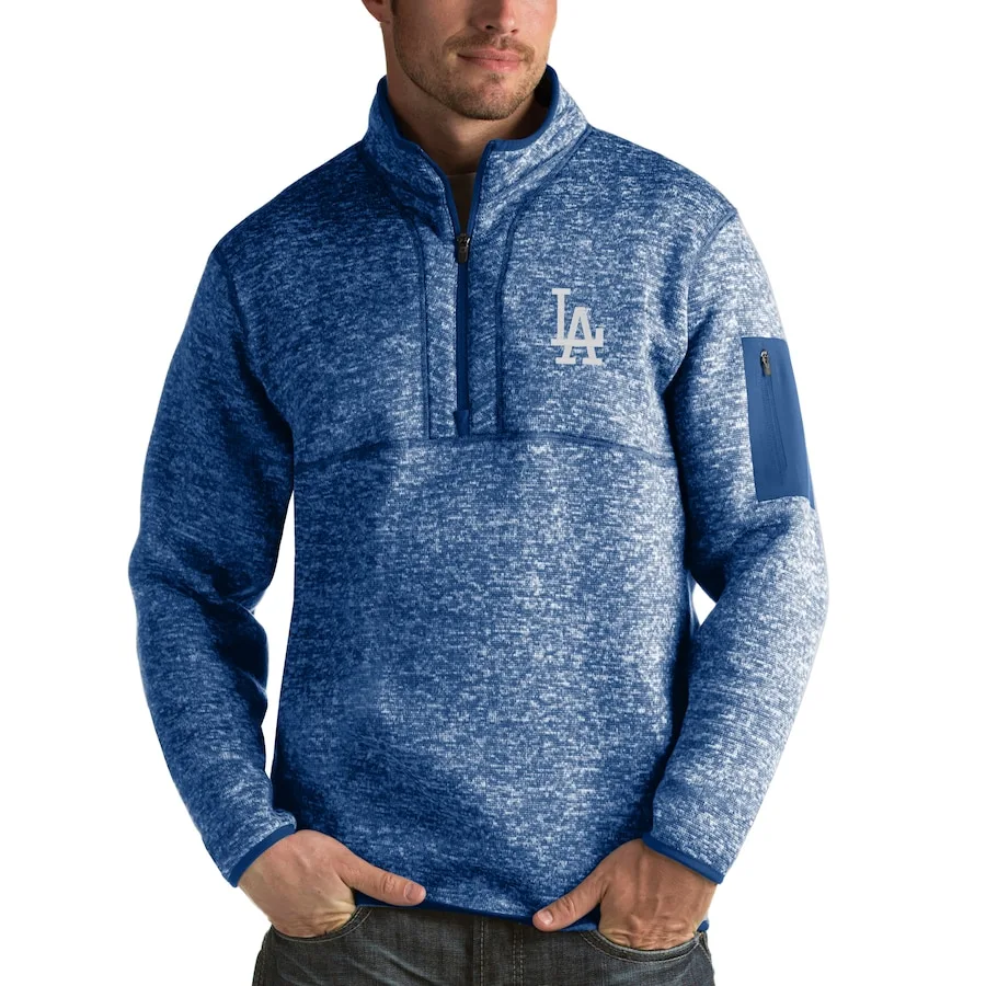 Men's Los Angeles Dodgers Antigua Heathered Royal Fortune Half-Zip Sweater