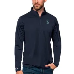 Men's Seattle Mariners Antigua Navy Tribute Quarter-Zip Pullover Top