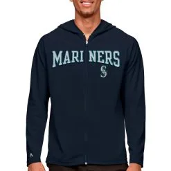 Men's Seattle Mariners Antigua Navy Wordmark Legacy Full-Zip Hoodie