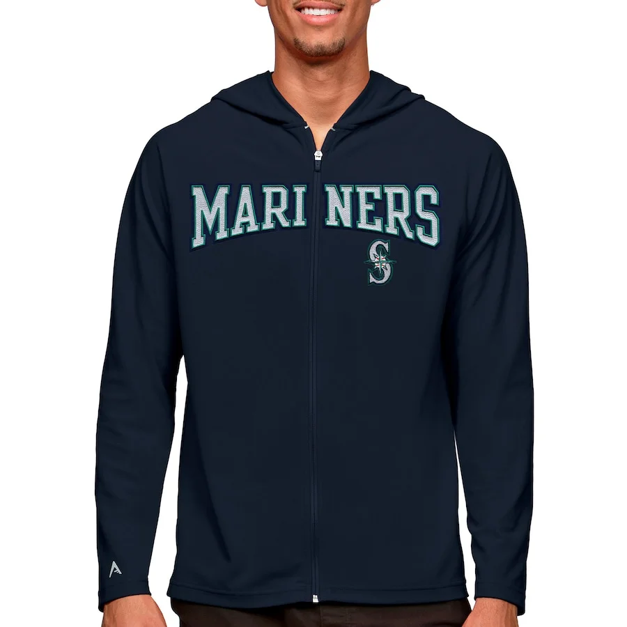 Men's Seattle Mariners Antigua Navy Wordmark Legacy Full-Zip Hoodie