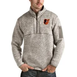 Men's Baltimore Orioles Antigua Oatmeal Fortune Quarter-Zip Pullover Jacket