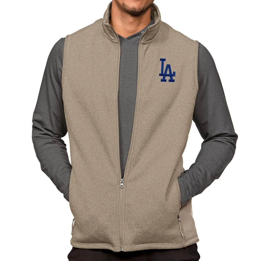 Men's Los Angeles Dodgers Antigua Oatmeal Course Full-Zip Vest
