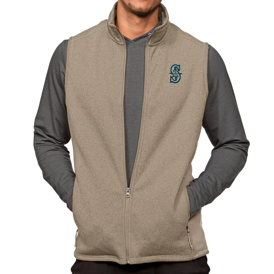 Men's Seattle Mariners Antigua Oatmeal Course Full-Zip Vest
