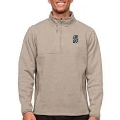 Men's Seattle Mariners Antigua Oatmeal Course Quarter-Zip Pullover Top