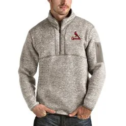 Men's St. Louis Cardinals Antigua Oatmeal Fortune Quarter-Zip Pullover Jacket