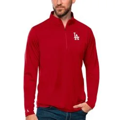 Men's Los Angeles Dodgers Antigua Red Tribute Quarter-Zip Pullover Top