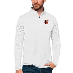 Men's Baltimore Orioles Antigua White Tribute Quarter-Zip Pullover Top