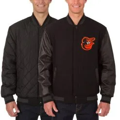 Men's Baltimore Orioles JH Design Black Wool Leather Reversible Full-Snap Jacket