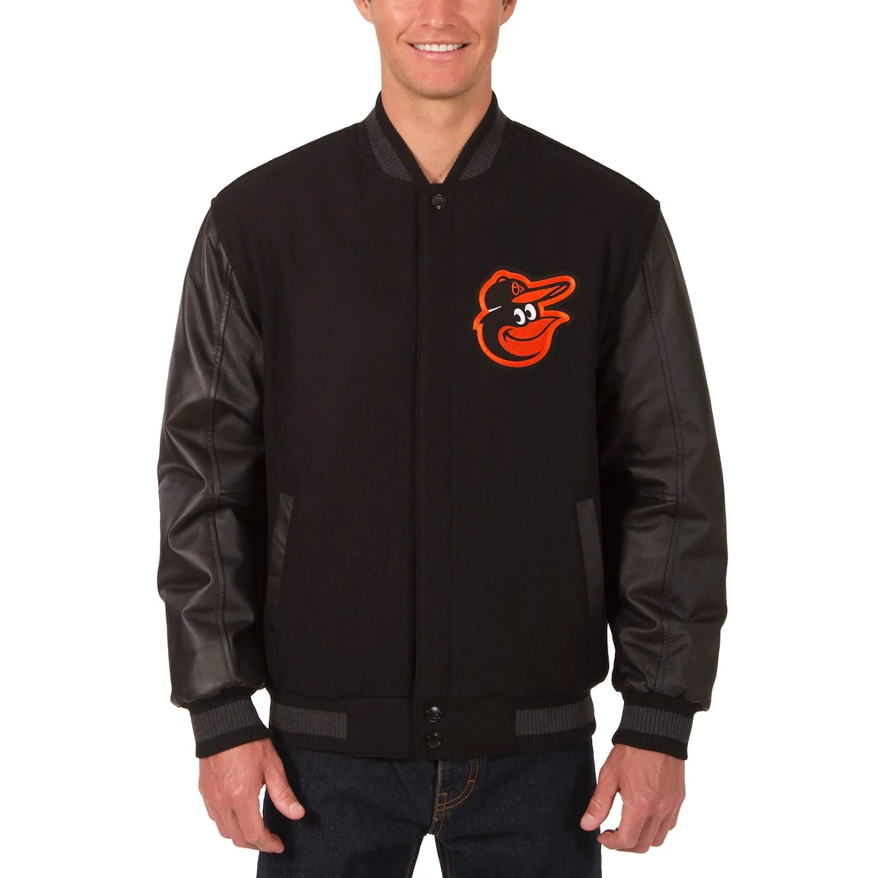 Men's Baltimore Orioles JH Design Black Wool Leather Reversible Full-Snap Jacket - Image 2