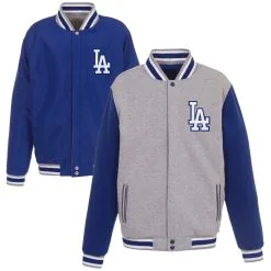 Men's Los Angeles Dodgers JH Design Gray Embroidered Reversible Full Snap Fleece Jacket