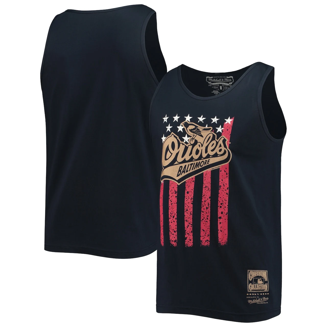 Men's Baltimore Orioles Mitchell & Ness Navy Cooperstown Collection Stars And Stripes Tank Top