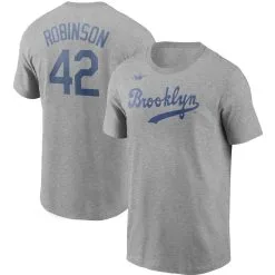 Men's Brooklyn Dodgers Jackie Robinson Nike Heathered Gray Cooperstown Collection Name & Number T-Shirt