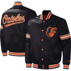 Men's Baltimore Orioles Starter Black Midfield Satin Full-Snap Varsity Jacket