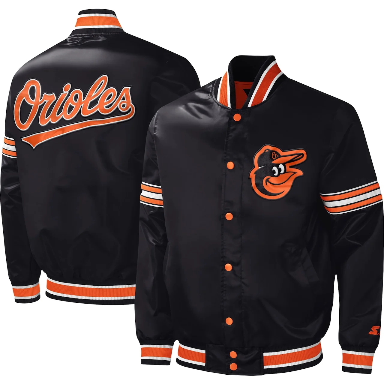 Men's Baltimore Orioles Starter Black Midfield Satin Full-Snap Varsity Jacket